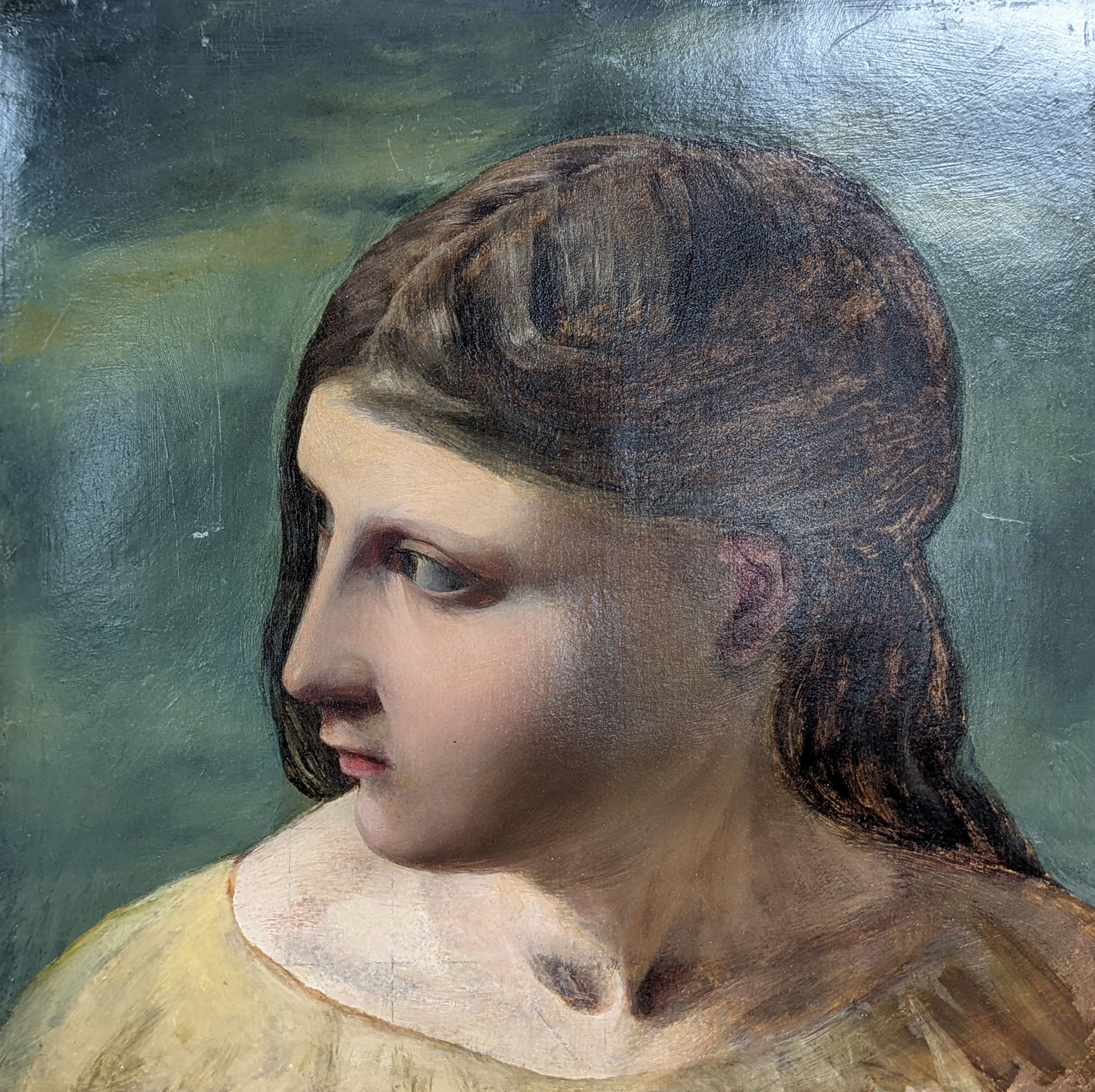 Paul Falconer Poole R.A (1807-1879), oil on mill board, 'Head of a female', label verso, 31 x 31.5cm, unframed